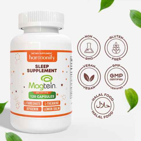 Magnesium L Threonate L Theanine Lemon Balm and Apigenin 4 in 1 Sleep Supplement, 1400 mg 120 Capsules, Vegan, Non-GMO & Gluten Free, GMP Certified